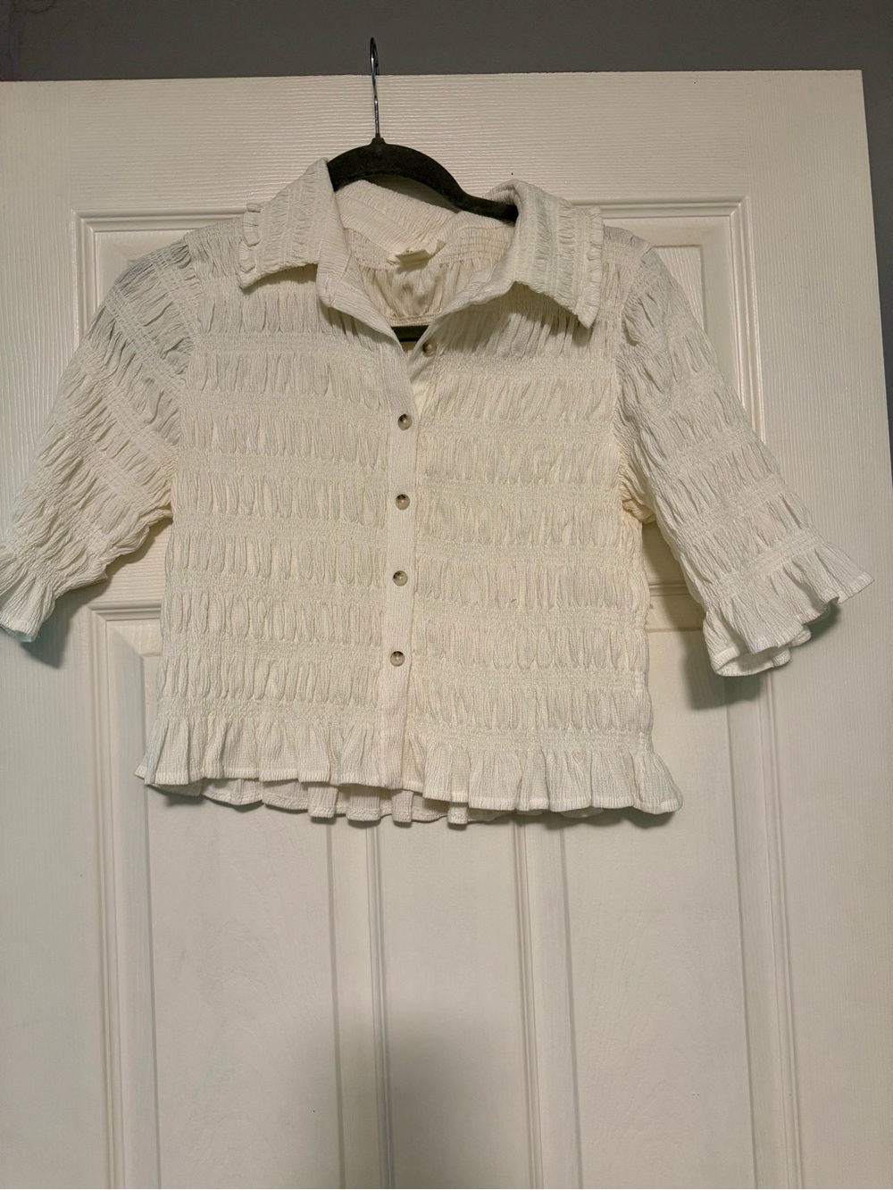Maeve Smocked Ruffle Button-Up Top in white
